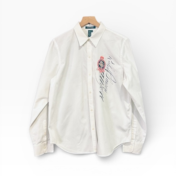 Vintage Ralph Lauren Cotton Long Sleeve Embroidered Crest Button Down Top Large - Picture 7 of 11